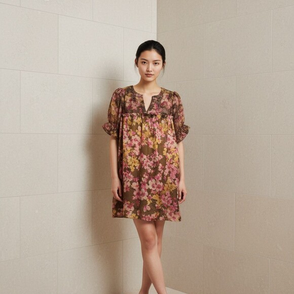 Voy Dresses & Skirts - VOY Mini Dress Womens Size S Brown Pink Floral Babydoll Puff Sleeve